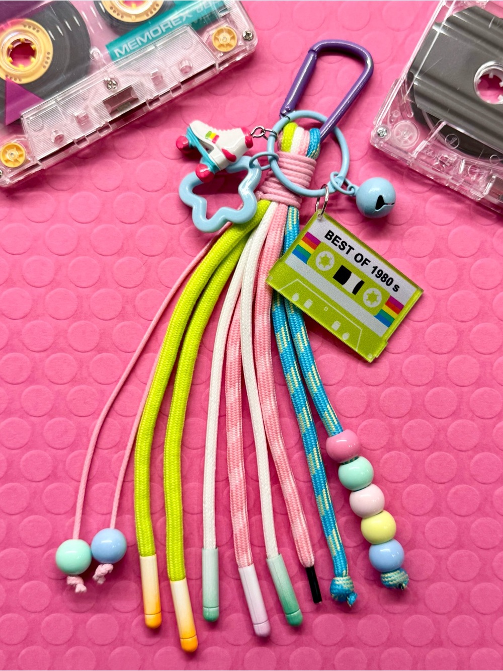 New Green Cassette Tape & Roller Skate Retro 80s Style Bag Charm Keychain - 8.5”